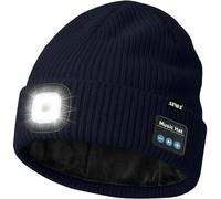 ATNKE LED Bluetooth Bonnet Lampe Frontale, USB Rechargeable 4 LED sans Fil Musique Parleur Course Chapeau Hiver Chaud Tricot Bonnet avec Polaire Doublé Cadeaux pour Homme Papa et Femme/Navy Blue