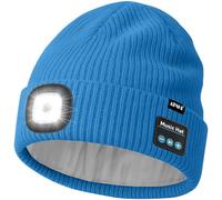 ATNKE LED Bluetooth Bonnet Lampe Frontale, USB Rechargeable 4 LED sans Fil Musique Parleur Course Chapeau Hiver Chaud Tricot Bonnet avec Polaire Doublé Cadeaux pour Homme Papa et Femme/Peacock Blue
