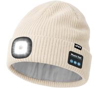 ATNKE LED Bluetooth Bonnet Lampe Frontale, USB Rechargeable 4 LED sans Fil Musique Parleur Course Chapeau Hiver Chaud Tricot Bonnet avec Polaire Doublé Cadeaux pour Homme Papa et Femme/Beige
