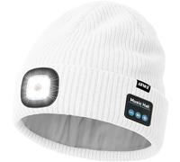 ATNKE LED Bluetooth Bonnet Lampe Frontale, USB Rechargeable 4 LED sans Fil Musique Parleur Course Chapeau Hiver Chaud Tricot Bonnet avec Polaire Doublé Cadeaux pour Homme Papa et Femme/White