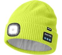 ATNKE LED Bluetooth Bonnet Lampe Frontale, USB Rechargeable 4 LED sans Fil Musique Parleur Course Chapeau Hiver Chaud Tricot Bonnet avec Polaire Doublé Cadeaux pour Homme Papa et Femme/Fluores Yellow