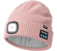 ATNKE LED Bluetooth Bonnet Lampe Frontale, USB Rechargeable 4 LED sans Fil Musique Parleur Course Chapeau Hiver Chaud Tricot Bonnet avec Polaire Doublé Cadeaux pour Homme Papa et Femme/Bean Past Pink