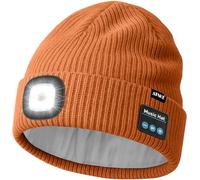 ATNKE LED Bluetooth Bonnet Lampe Frontale, USB Rechargeable 4 LED sans Fil Musique Parleur Course Chapeau Hiver Chaud Tricot Bonnet avec Polaire Doublé Cadeaux pour Homme Papa et Femme/Caramel
