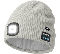 ATNKE LED Bluetooth Bonnet Lampe Frontale, USB Rechargeable 4 LED sans Fil Musique Parleur Course Chapeau Hiver Chaud Tricot Bonnet avec Polaire Doublé Cadeaux pour Homme Papa et Femme/Light Gray