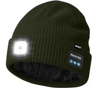 ATNKE LED Bluetooth Bonnet Lampe Frontale, USB Rechargeable 4 LED sans Fil Musique Parleur Course Chapeau Hiver Chaud Tricot Bonnet avec Polaire Doublé Cadeaux pour Homme Papa et Femme/Dar Army Green