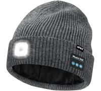 ATNKE LED Bluetooth Bonnet Lampe Frontale, USB Rechargeable 4 LED sans Fil Musique Parleur Course Chapeau Hiver Chaud Tricot Bonnet avec Polaire Doublé Cadeaux pour Homme Papa et Femme/Limestone Gray