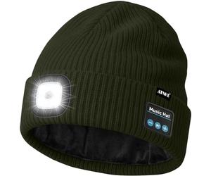 ATNKE LED Bluetooth Bonnet Lampe Frontale, USB Rechargeable 4 LED sans Fil Musique Parleur Course Chapeau Hiver Chaud Tricot Bonnet avec Polaire Doublé Cadeaux pour Homme Papa et Femme/Dar Army Green