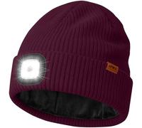 ATNKE LED Bonnet Lampe Frontale avec Polaire Doublé, USB Rechargeable 4 LED Chapeau Course Ultra Lumineux Lumière Mains Libres Hiver Chaud Laine Tricot Casquette pour Homme et Femme/Wine Red