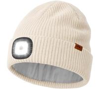 ATNKE LED Bonnet Lampe Frontale avec Polaire Doublé, USB Rechargeable 4 LED Chapeau Course Ultra Lumineux Lumière Mains Libres Hiver Chaud Laine Tricot Casquette pour Homme et Femme/Beige
