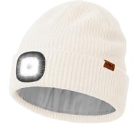 ATNKE LED Bonnet Lampe Frontale avec Polaire Doublé, USB Rechargeable 4 LED Chapeau Course Ultra Lumineux Lumière Mains Libres Hiver Chaud Laine Tricot Casquette pour Homme et Femme/Snow Beige