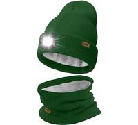 ATNKE LED Bonnet Lampe Frontale et Foulard Costume, USB Rechargeable 4 LED Chapeau de Course Hiver Chaud Polaire Doublée Tricot Cou Guêtres et Bonnet pour Hommes et Femmes Cadeaux/Green