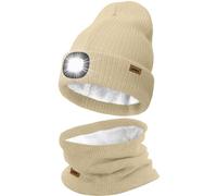 ATNKE LED Bonnet Lampe Frontale et Foulard Costume, USB Rechargeable 4 LED Chapeau de Course Hiver Chaud Polaire Doublée Tricot Cou Guêtres et Bonnet pour Hommes et Femmes Cadeaux/Beige