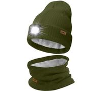 ATNKE LED Bonnet Lampe Frontale et Foulard Costume, USB Rechargeable 4 LED Chapeau de Course Hiver Chaud Polaire Doublée Tricot Cou Guêtres et Bonnet pour Hommes et Femmes Cadeaux/Army Green