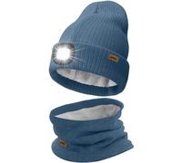 ATNKE LED Bonnet Lampe Frontale et Foulard Costume, USB Rechargeable 4 LED Chapeau de Course Hiver Chaud Polaire Doublée Tricot Cou Guêtres et Bonnet pour Hommes et Femmes Cadeaux/Shadow Blue