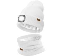 ATNKE LED Bonnet Lampe Frontale et Foulard Costume, USB Rechargeable 4 LED Chapeau de Course Hiver Chaud Polaire Doublée Tricot Cou Guêtres et Bonnet pour Hommes et Femmes Cadeaux/White