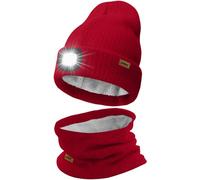 ATNKE LED Bonnet Lampe Frontale et Foulard Costume, USB Rechargeable 4 LED Chapeau de Course Hiver Chaud Polaire Doublée Tricot Cou Guêtres et Bonnet pour Hommes et Femmes Cadeaux/Red