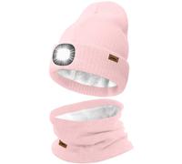 ATNKE LED Bonnet Lampe Frontale et Foulard Costume, USB Rechargeable 4 LED Chapeau de Course Hiver Chaud Polaire Doublée Tricot Cou Guêtres et Bonnet pour Hommes et Femmes Cadeaux/Light Pink
