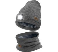 ATNKE LED Bonnet Lampe Frontale et Foulard Costume, USB Rechargeable 4 LED Chapeau de Course Hiver Chaud Polaire Doublée Tricot Cou Guêtres et Bonnet pour Hommes et Femmes Cadeaux/Grey