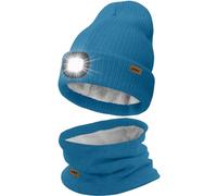 ATNKE LED Bonnet Lampe Frontale et Foulard Costume, USB Rechargeable 4 LED Chapeau de Course Hiver Chaud Polaire Doublée Tricot Cou Guêtres et Bonnet pour Hommes et Femmes Cadeaux/Peacock Blue
