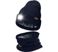 ATNKE LED Bonnet Lampe Frontale et Foulard Costume, USB Rechargeable 4 LED Chapeau de Course Hiver Chaud Polaire Doublée Tricot Cou Guêtres et Bonnet pour Hommes et Femmes Cadeaux/Navy