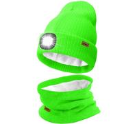 ATNKE LED Bonnet Lampe Frontale et Foulard Costume, USB Rechargeable 4 LED Chapeau de Course Hiver Chaud Polaire Doublée Tricot Cou Guêtres et Bonnet pour Hommes et Femmes Cadeaux/Fluorescent Green