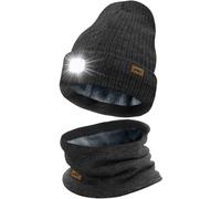 ATNKE LED Bonnet Lampe Frontale et Foulard Costume, USB Rechargeable 4 LED Chapeau de Course Hiver Chaud Polaire Doublée Tricot Cou Guêtres et Bonnet pour Hommes et Femmes Cadeaux/Dark Grey