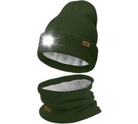 ATNKE LED Bonnet Lampe Frontale et Foulard Costume, USB Rechargeable 4 LED Chapeau de Course Hiver Chaud Polaire Doublée Tricot Cou Guêtres et Bonnet pour Hommes et Femmes Cadeaux/Dark Army Green