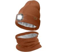 ATNKE LED Bonnet Lampe Frontale et Foulard Costume, USB Rechargeable 4 LED Chapeau de Course Hiver Chaud Polaire Doublée Tricot Cou Guêtres et Bonnet pour Hommes et Femmes Cadeaux/Red Brown