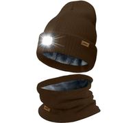 ATNKE LED Bonnet Lampe Frontale et Foulard Costume, USB Rechargeable 4 LED Chapeau de Course Hiver Chaud Polaire Doublée Tricot Cou Guêtres et Bonnet pour Hommes et Femmes Cadeaux/Coffee