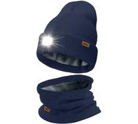 ATNKE LED Bonnet Lampe Frontale et Foulard Costume, USB Rechargeable 4 LED Chapeau de Course Hiver Chaud Polaire Doublée Tricot Cou Guêtres et Bonnet pour Hommes et Femmes Cadeaux/Light Navy Blue