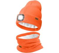 ATNKE LED Bonnet Lampe Frontale et Foulard Costume, USB Rechargeable 4 LED Chapeau de Course Hiver Chaud Polaire Doublée Tricot Cou Guêtres et Bonnet pour Hommes et Femmes Cadeaux/Bright Orange