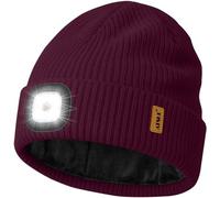 ATNKE LED Bonnet Lampe Frontale, USB Rechargeable 4 LED Chapeau Course Ultra Lumineux Lumière Mains Libres Hiver Chaud Tricot Bonnet avec Polaire Doublé Cadeaux pour Homme Papa et Femme/Wine Red