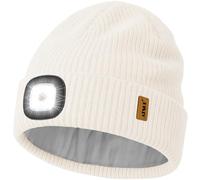 ATNKE LED Bonnet Lampe Frontale, USB Rechargeable 4 LED Chapeau Course Ultra Lumineux Lumière Mains Libres Hiver Chaud Tricot Bonnet avec Polaire Doublé Cadeaux pour Homme Papa et Femme/Snow Beige
