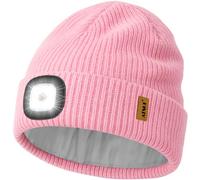 ATNKE LED Bonnet Lampe Frontale, USB Rechargeable 4 LED Chapeau Course Ultra Lumineux Lumière Mains Libres Hiver Chaud Tricot Bonnet avec Polaire Doublé Cadeaux pour Homme Papa et Femme