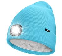 ATNKE LED Bonnet Lampe Frontale,USB Rechargeable 4 LED Chapeau de Course Ultra Lumineux Lumière Hiver Chaud Polaire Doublée Tricot Bonnet Cadeaux pour Hommes et Femmes/Light Blue