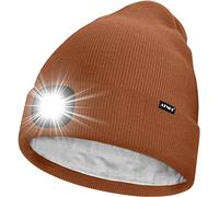 ATNKE LED Bonnet Lampe Frontale,USB Rechargeable 4 LED Chapeau de Course Ultra Lumineux Lumière Hiver Chaud Polaire Doublée Tricot Bonnet Cadeaux pour Hommes et Femmes/Red Brown