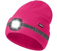 ATNKE LED Bonnet Lampe Frontale, USB Rechargeable 4 LED Chapeau de Course Ultra Lumineux Lumière Hiver Chaud Tricot Bonnet avec Réfléchissante Bande Cadeaux pour Hommes et Femmes/Rose Red