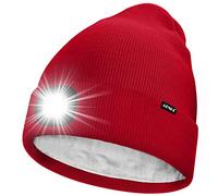 ATNKE LED Bonnet Lampe Frontale,USB Rechargeable 4 LED Chapeau de Course Ultra Lumineux Lumière Hiver Chaud Polaire Doublée Tricot Bonnet Cadeaux pour Hommes et Femmes/Red