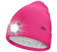 ATNKE LED Bonnet Lampe Frontale,USB Rechargeable 4 LED Chapeau de Course Ultra Lumineux Lumière Hiver Chaud Polaire Doublée Tricot Bonnet Cadeaux pour Hommes et Femmes/Rose Red