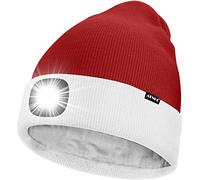 ATNKE LED Bonnet Lampe Frontale,USB Rechargeable 4 LED Chapeau de Course Ultra Lumineux Lumière Hiver Chaud Polaire Doublée Tricot Bonnet Cadeaux pour Hommes et Femmes/White/Red Christmas