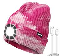 ATNKE LED Bonnet Lampe Frontale, USB Type C Rechargeable 4 LED Chapeau de Course Ultra Lumineux Lumière Hiver Chaud Tricot Bonnet Cadeaux pour Hommes et Femmes/Tie Dye Pink