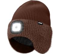 ATNKE LED Lumineux Bonnet Chapeau avec Cache Oreilles,USB Rechargeable 4 LED Course Chapeau Lampe Frontale Hiver Chaud Polaire Doublé Tricot Beanie Cadeaux pour Homme et Femme/Coffee