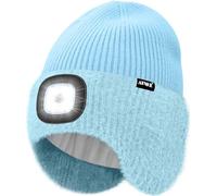 ATNKE LED Lumineux Bonnet Chapeau avec Cache Oreilles,USB Rechargeable 4 LED Course Chapeau Lampe Frontale Hiver Chaud Polaire Doublé Tricot Beanie Cadeaux pour Homme et Femme/Light Blue