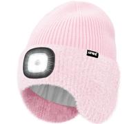 ATNKE LED Lumineux Bonnet Chapeau avec Cache Oreilles,USB Rechargeable 4 LED Course Chapeau Lampe Frontale Hiver Chaud Polaire Doublé Tricot Beanie Cadeaux pour Homme et Femme