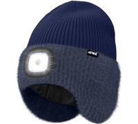 ATNKE LED Lumineux Bonnet Chapeau avec Cache Oreilles,USB Rechargeable 4 LED Course Chapeau Lampe Frontale Hiver Chaud Polaire Doublé Tricot Beanie Cadeaux pour Homme et Femme/Navy Blue