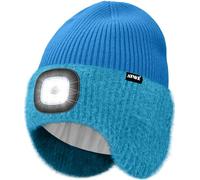 ATNKE LED Lumineux Bonnet Chapeau avec Cache Oreilles,USB Rechargeable 4 LED Course Chapeau Lampe Frontale Hiver Chaud Polaire Doublé Tricot Beanie Cadeaux pour Homme et Femme/Peacock Blue