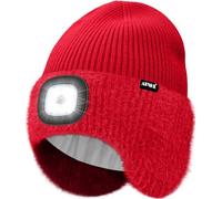 ATNKE LED Lumineux Bonnet Chapeau avec Cache Oreilles,USB Rechargeable 4 LED Course Chapeau Lampe Frontale Hiver Chaud Polaire Doublé Tricot Beanie Cadeaux pour Homme et Femme/Red