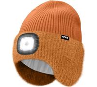 ATNKE LED Lumineux Bonnet Chapeau avec Cache Oreilles,USB Rechargeable 4 LED Course Chapeau Lampe Frontale Hiver Chaud Polaire Doublé Tricot Beanie Cadeaux pour Homme et Femme/Caramel