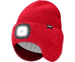 ATNKE LED Lumineux Bonnet Chapeau avec Cache Oreilles,USB Rechargeable 4 LED Course Chapeau Lampe Frontale Hiver Chaud Polaire Doublé Tricot Beanie Cadeaux pour Homme et Femme/Red
