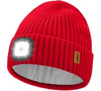 ATNKE LED Lumineux Bonnet Chapeau,USB Rechargeable 4 LED Course Chapeau Lumière Mains Libres Lampe Frontale Hiver Chaud Polaire Doublé Tricot Beanie Cadeaux pour Homme et Femme/Red